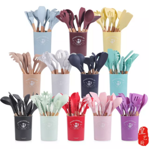 Super September Kitchen Gadgets Tools Kitchenware Spatula Silicone Home Kitchen Tools Set with Wooden Handles 12 Pieces in 1 Set