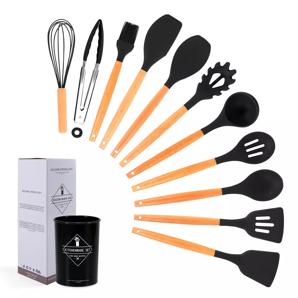 Kitchen Accessories Cooking Tools Kitchen Utensils with Wooden Handles Kitchenware Cocina Silicone Wholesale 12 Pieces in 1 Set