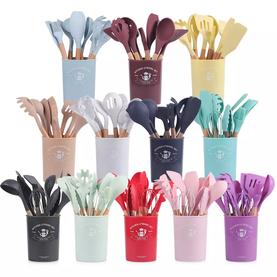 Kitchen Accessories Cooking Tools Kitchen Utensils with Wooden Handles Kitchenware Cocina Silicone Wholesale 12 Pieces in 1 Set