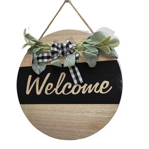 Wooden Welcome Wooden Sign Hanging Bow Simulation Plants Indoor Outdoor Doors Hanging home decor Festival Decor Shooting Props