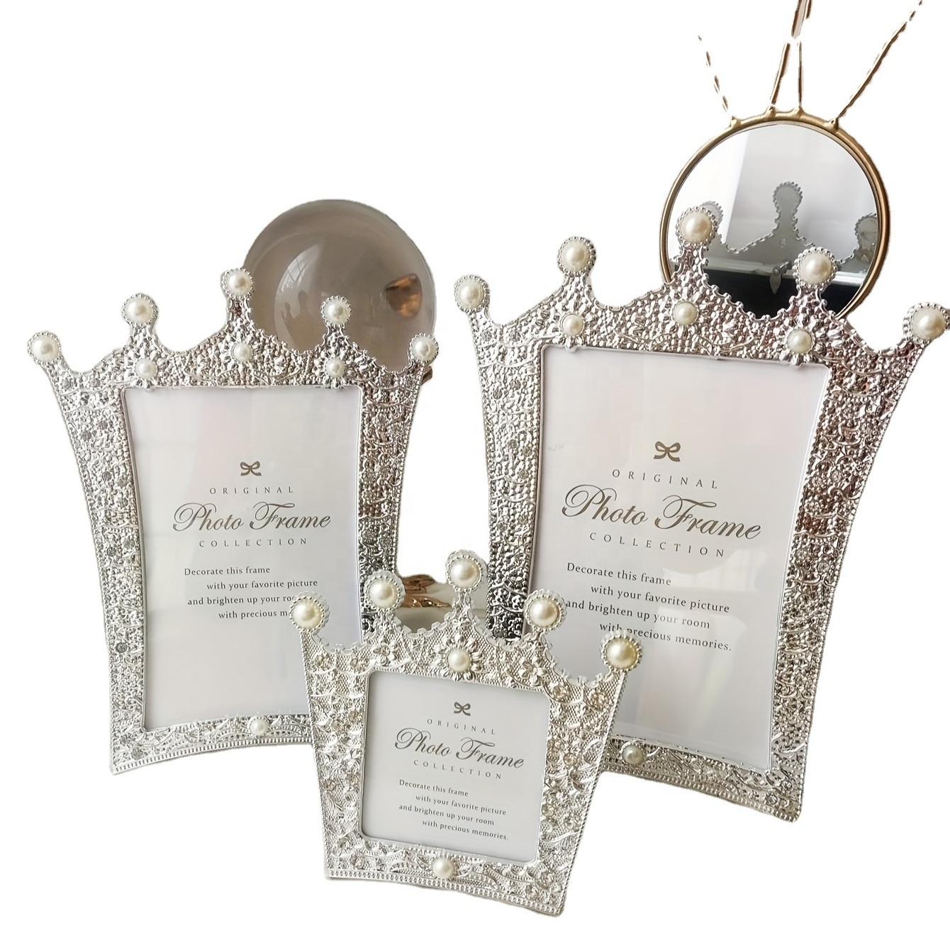 Plastic frame 3*3 4*6 5*7in  silver color crown pearl picture frame with European style wedding gift