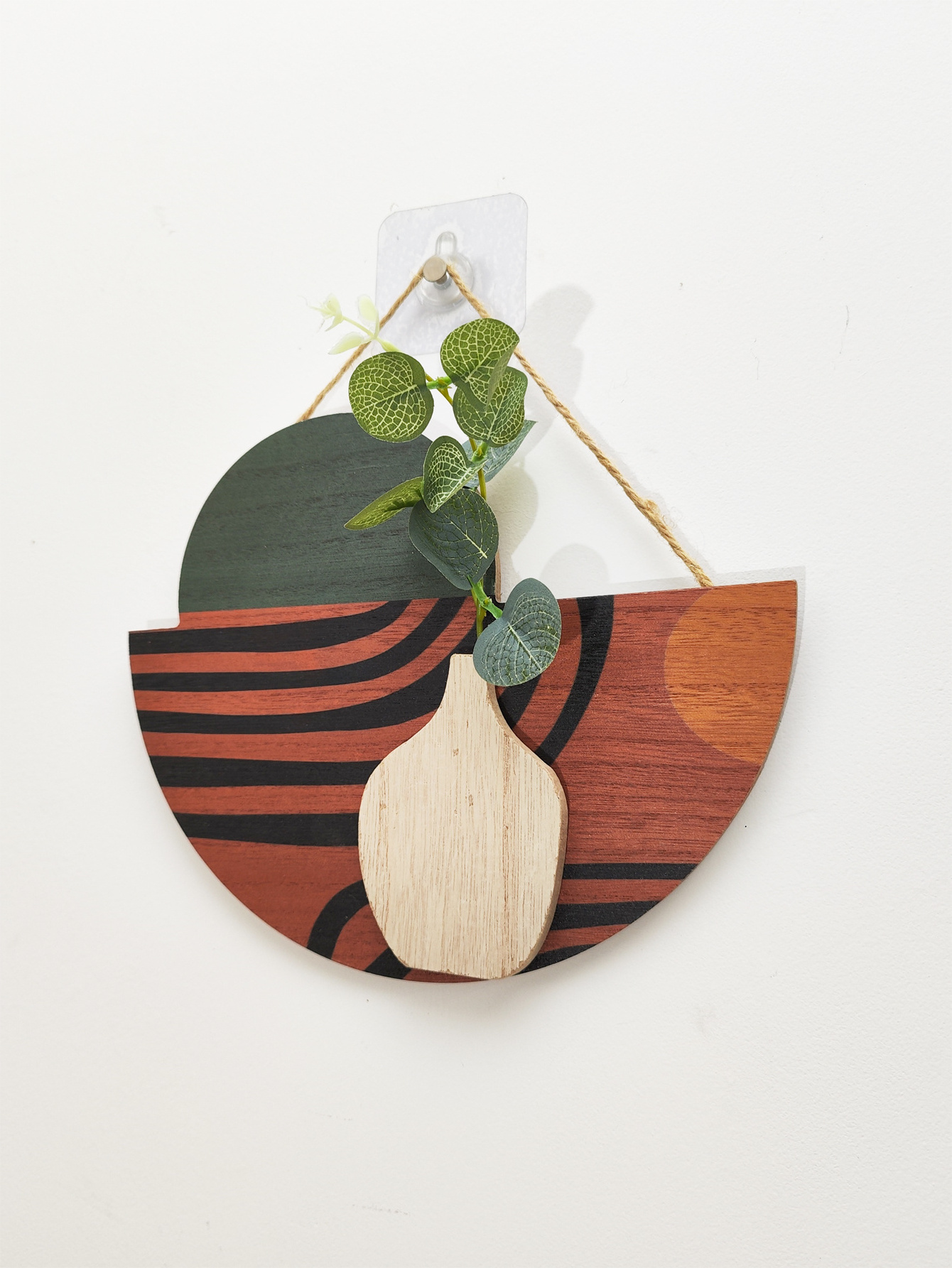 Wooden wall mounted vase with simulated plant line elements, abstract and minimalist home decor