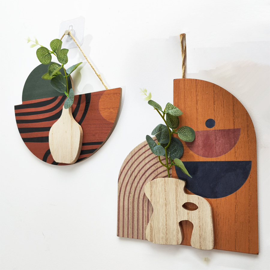 Wooden wall mounted vase with simulated plant line elements, abstract and minimalist home decor