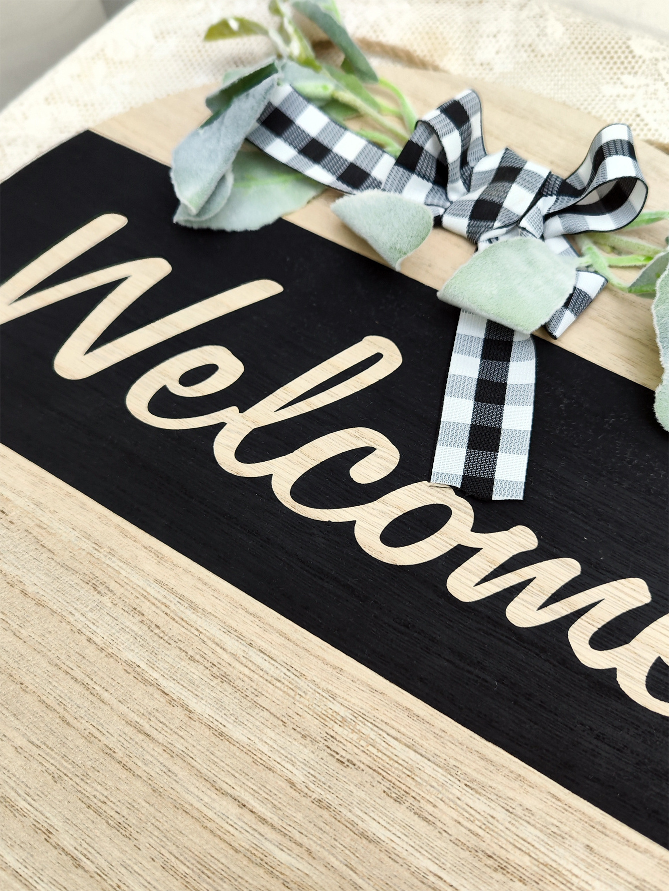 Wooden Welcome Wooden Sign Hanging Bow Simulation Plants Indoor Outdoor Doors Hanging home decor Festival Decor Shooting Props