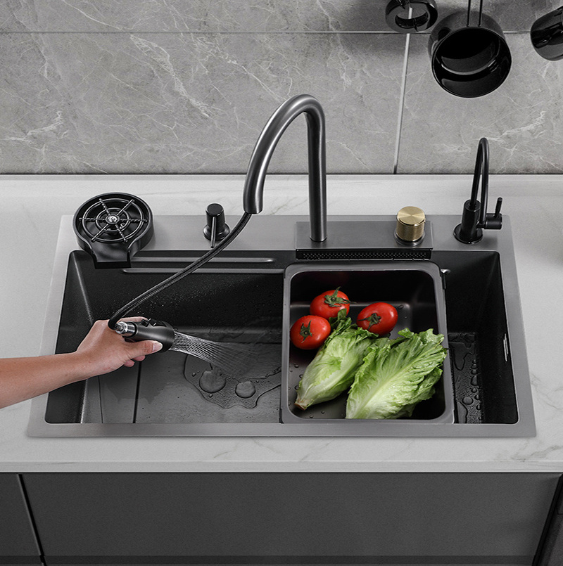 Kitchen Nano 304 Stainless Steel Rainfall Waterfall Sink Large Single Sink Gun Grey Black Hand Washing Basin Sink