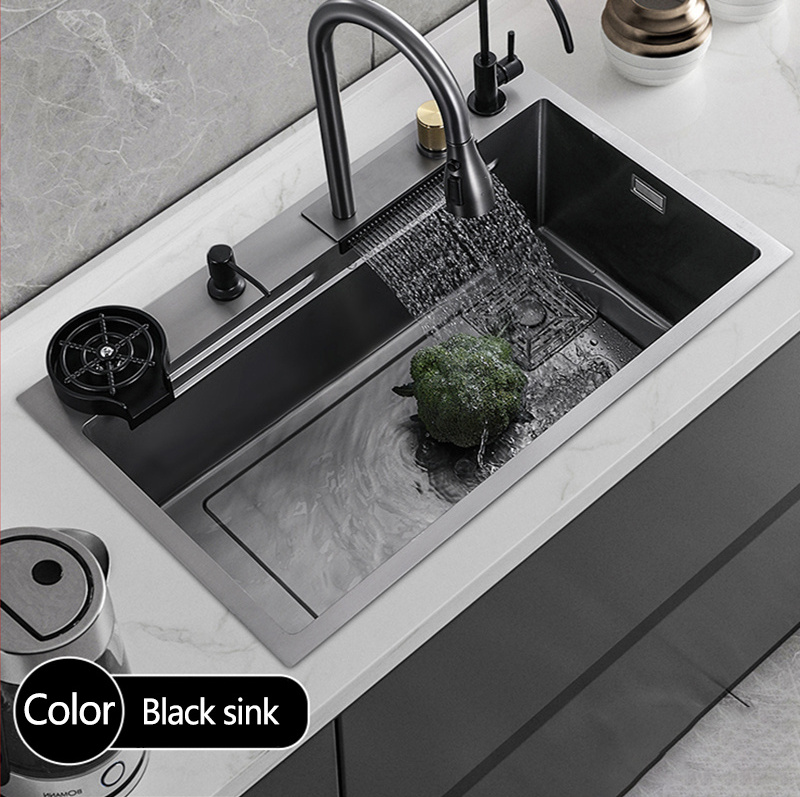 Kitchen Nano 304 Stainless Steel Rainfall Waterfall Sink Large Single Sink Gun Grey Black Hand Washing Basin Sink