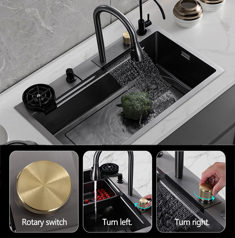 Kitchen Nano 304 Stainless Steel Rainfall Waterfall Sink Large Single Sink Gun Grey Black Hand Washing Basin Sink