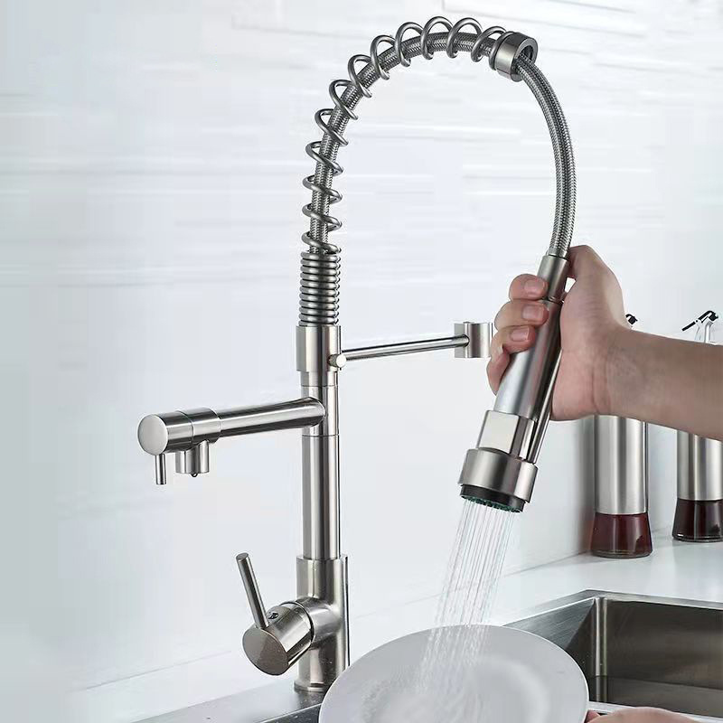 Kitchen 304 Stainless Steel Faucet With Drop-Down Sprayer Commercial Single Hole Kitchen Sink Faucet