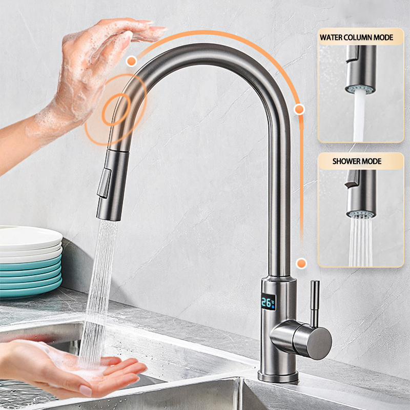 304 Stainless Steel Kitchen Drawing Hot And Cold Sense Faucet Smart Touch Digital Display Induction Sink Faucet