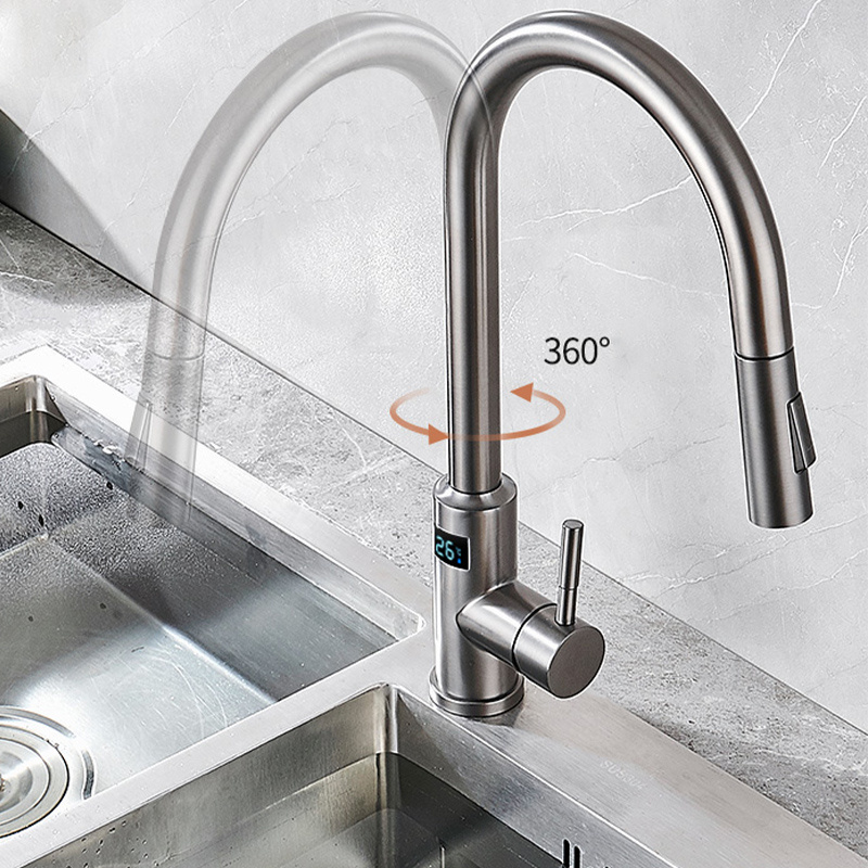 304 Stainless Steel Kitchen Drawing Hot And Cold Sense Faucet Smart Touch Digital Display Induction Sink Faucet