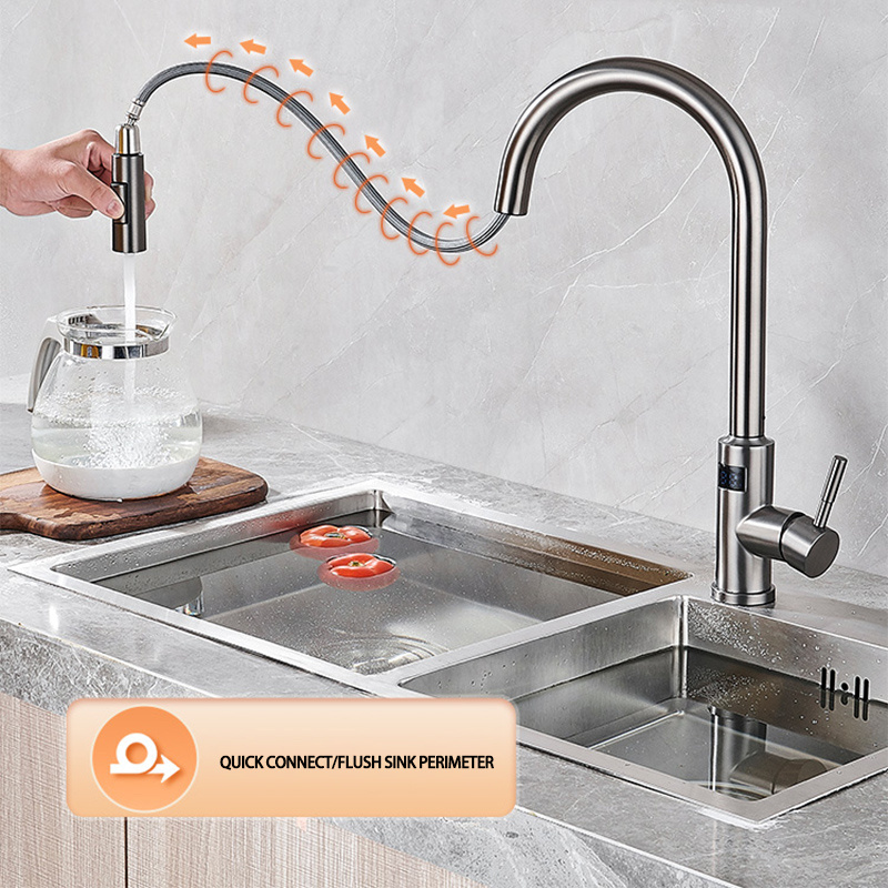 304 Stainless Steel Kitchen Drawing Hot And Cold Sense Faucet Smart Touch Digital Display Induction Sink Faucet