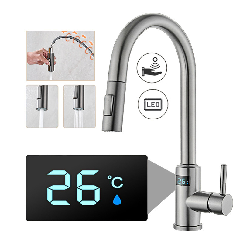 304 Stainless Steel Kitchen Drawing Hot And Cold Sense Faucet Smart Touch Digital Display Induction Sink Faucet