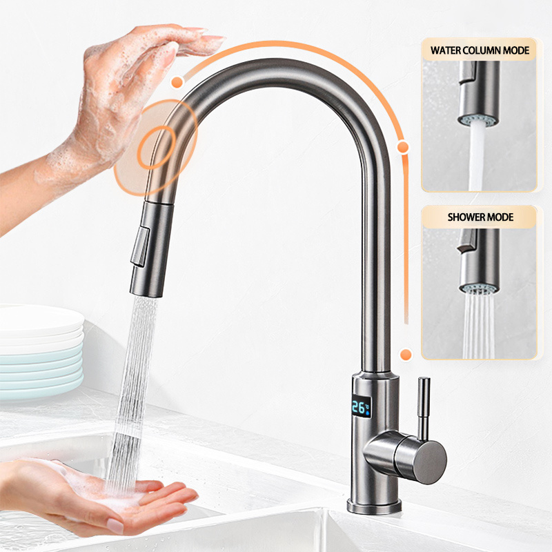 Home Intelligent Digital Display Kitchen Faucet Hot And Cold Pull-Out Induction Faucet Touch Sense Faucets