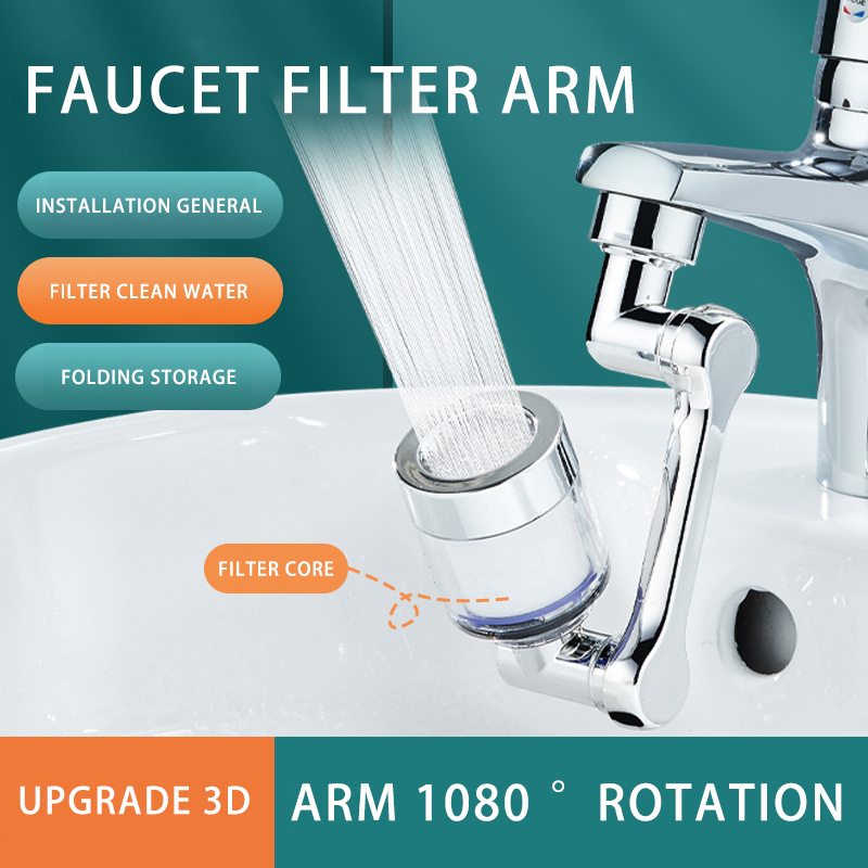 Bathroom Shampoo Anti-Splash Swivel Faucet Extender 1080 Degrees Faucet Aerator Robotic Arm Rotatable Purifier Faucet