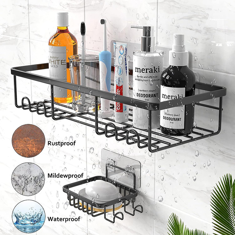 Home Wall Shower Inside Organization  Shower Caddy Shelf Organizer Rack  Self Adhesive Black Bathroom Shelves Basket Rack