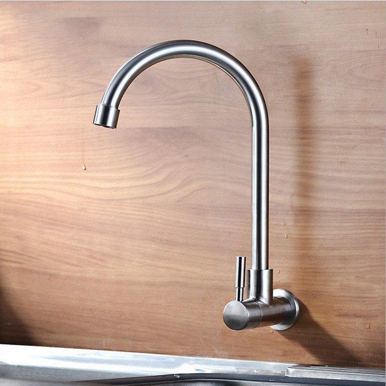 Kitchen sink SUS304 stainless steel single cooling faucet 4 points into the wall horizontal wall type rotating faucet