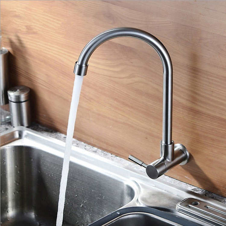 Kitchen sink SUS304 stainless steel single cooling faucet 4 points into the wall horizontal wall type rotating faucet