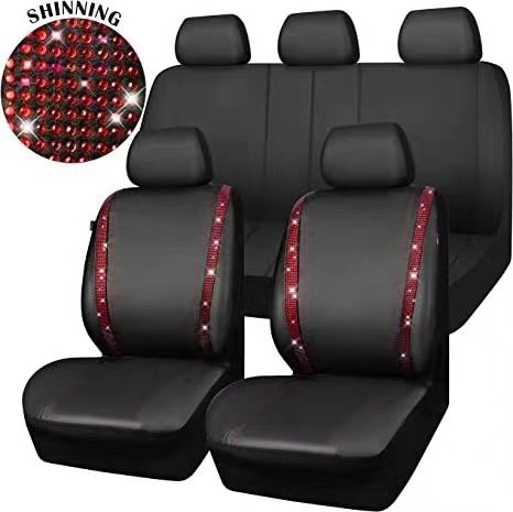 Custom Bling Diamond Pattern 9pcs set leather Car Cushion universal set car seat covers full set  car seat covers leather