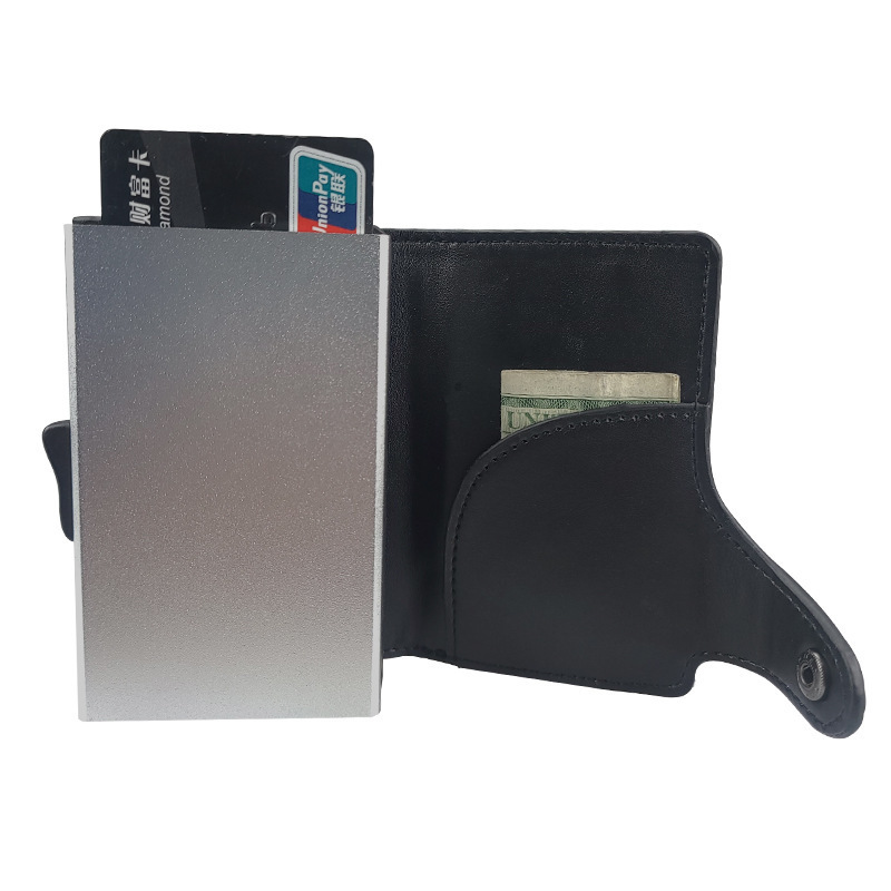 Custom men RFID id card holder lanyard leather Business gift side push bank card pop-up card case wallet