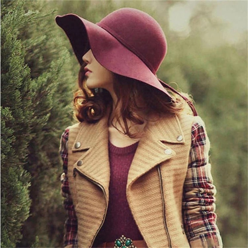 2022 Winter elegant woolen top hat fashion big brim felt hat Wide brim fedora hats women wholesale