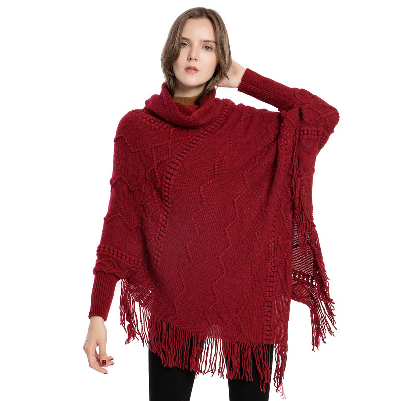 Fashionable acrylic tassel knit with high collar sleeves warm pullover shawls for women hijabs cloak