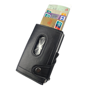 Custom men RFID id card holder lanyard leather Business gift side push bank card pop-up card case wallet