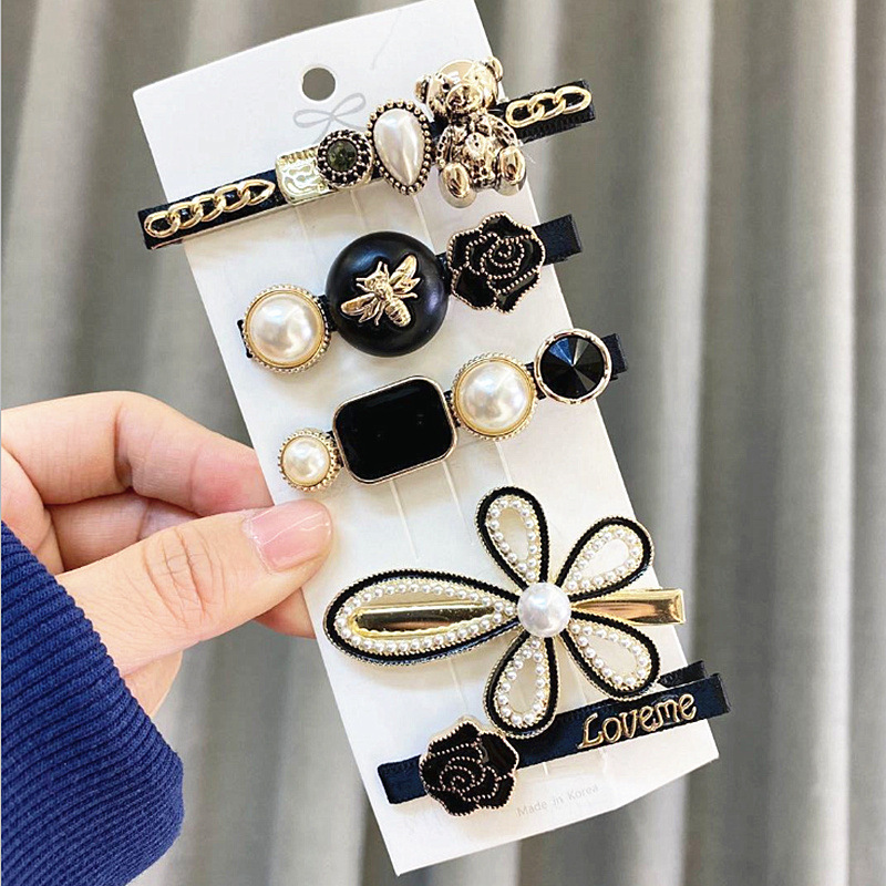 TikTok new retro bear 5-piece barrettes simple pearl hair clips side clip duckbill hairpins suit girls minimalist hair pins