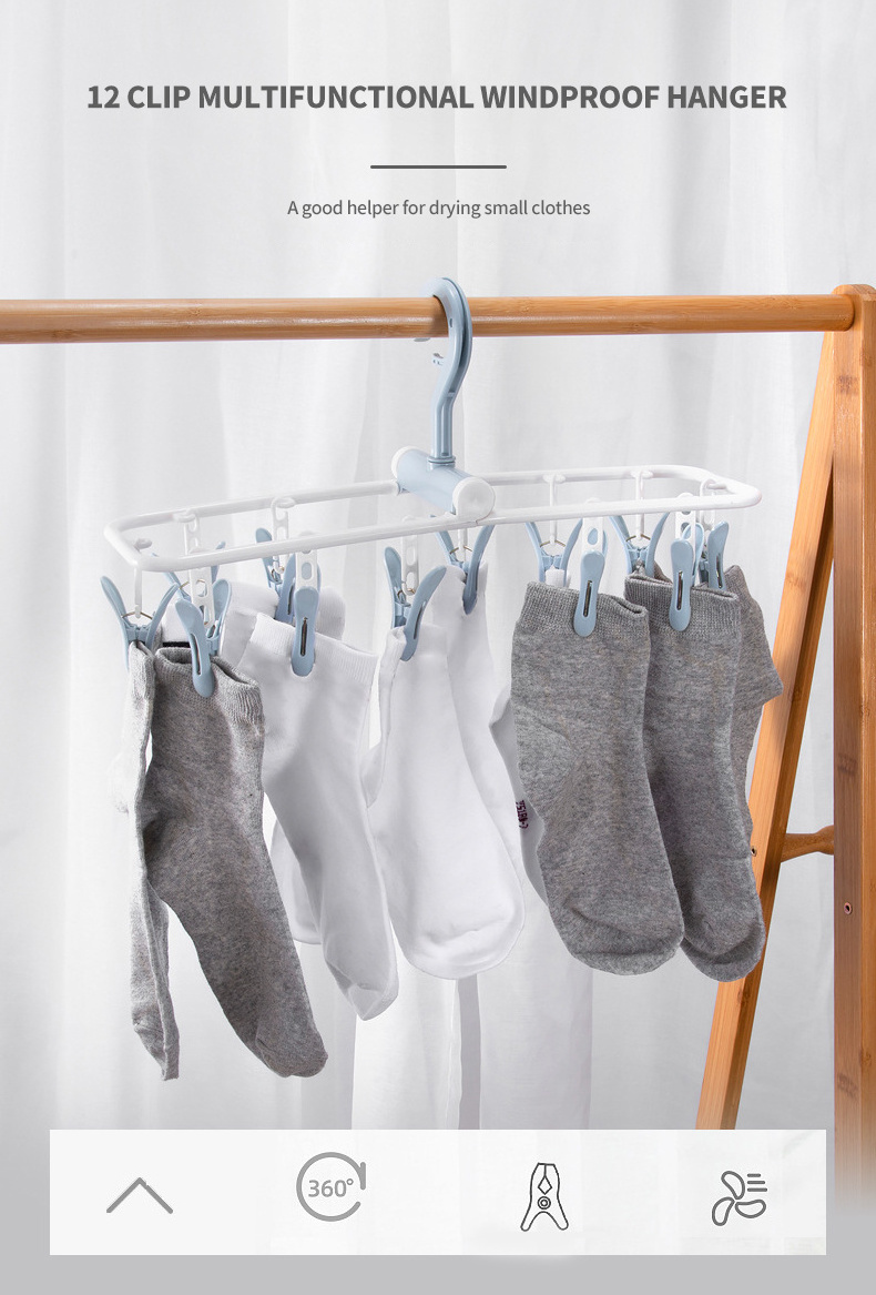 Promotional Multi-function Folding Drying Plastic Hanger Windproof And Non-slip Multi-clip Baby Socks Drying Rack hooks rail