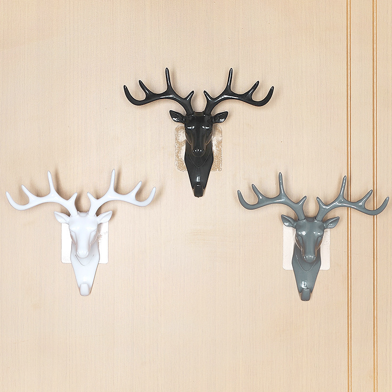 Animal Deer Head Wall Hook Black Creative Antler Home Decoration Resin Hook For Key Personality plastic hook