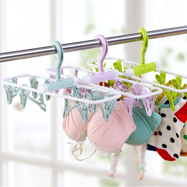 Promotional Multi-function Folding Drying Plastic Hanger Windproof And Non-slip Multi-clip Baby Socks Drying Rack hooks rail