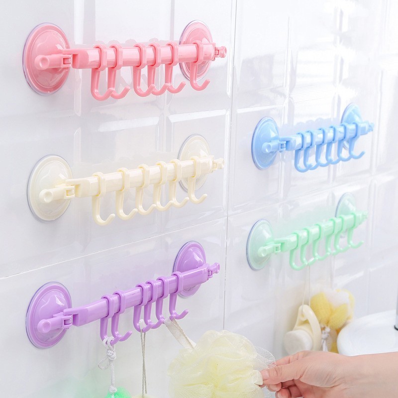 Strong suction cup six hook free punching toilet bathroom towel hanging rack hanging clothes plastic hook