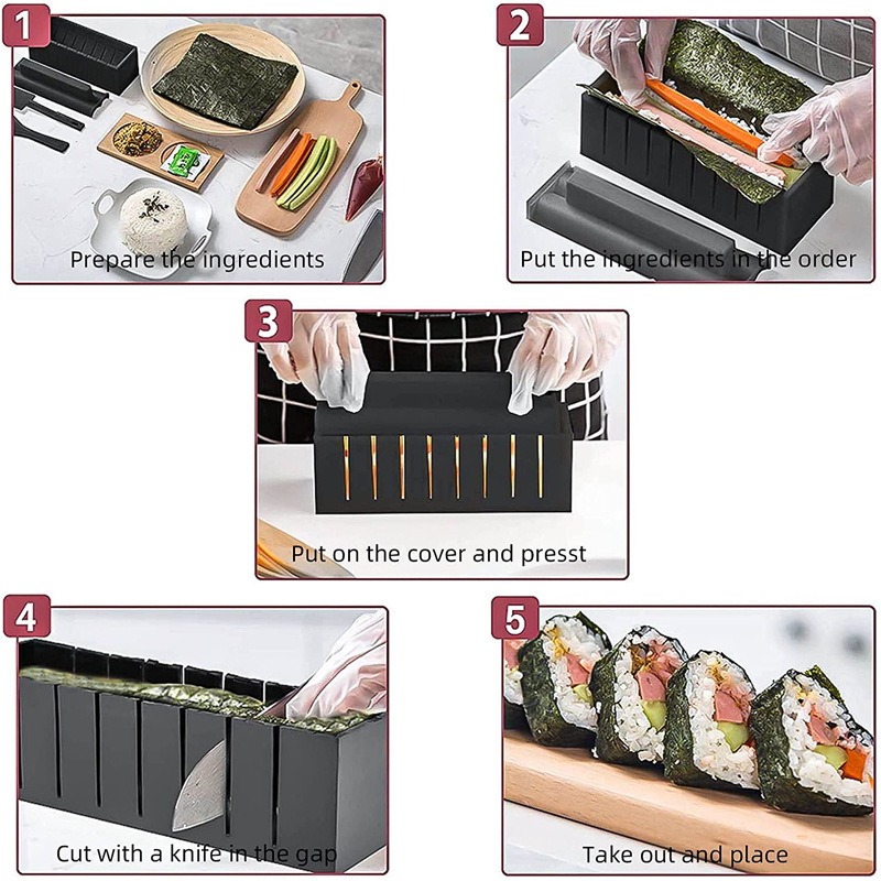 Hot Sale High Quality Sushi Maker 10 Pieces Kit Plastic Sushi Set of Tools Kitchen Tools Sushi Mold Rice Ball Roll Mold