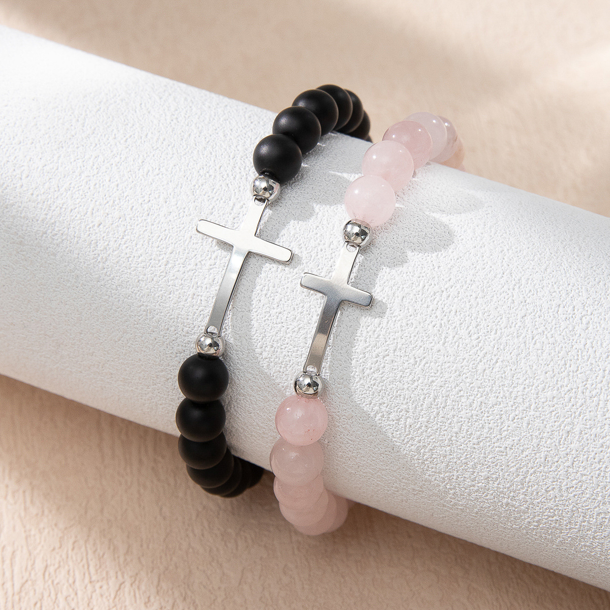 Fashion Cross Pendant Couple Bracelets  Black Matte and Pink Crystal  Stone  Natural Stone Bracelet BSB944