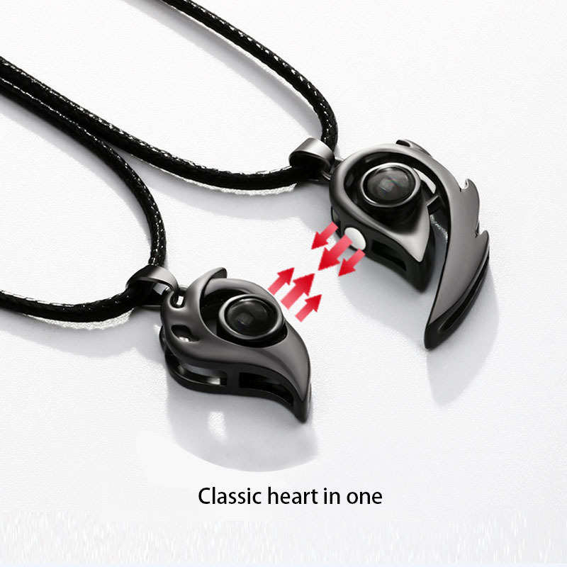 2Pcs/set Magnetic Couple Women Men I Love You 100 Languages Projection Heart Shape Pendant Necklace Jewelry CI89