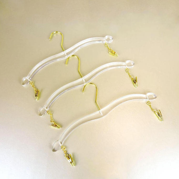 LEEKING Customized logo luxurious acrylic lingerie clothes hanger clear plastic underwear display racks with metal clips