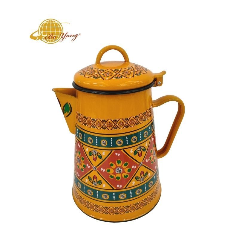 Boyang New arrival  enamel kettle customized flower design high capacity orange tea kettle handle pot