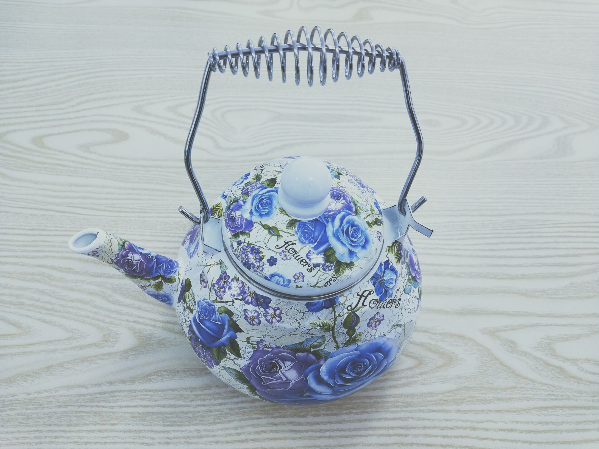 white coffee healthy enamel tea kettle with blue flower