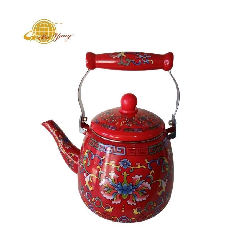 BOYANG New Arrival  Full Decal Teapot 3.3L Ceramic Handle Enamel Tea Kettle For Induction Cooker With Tea Strainer