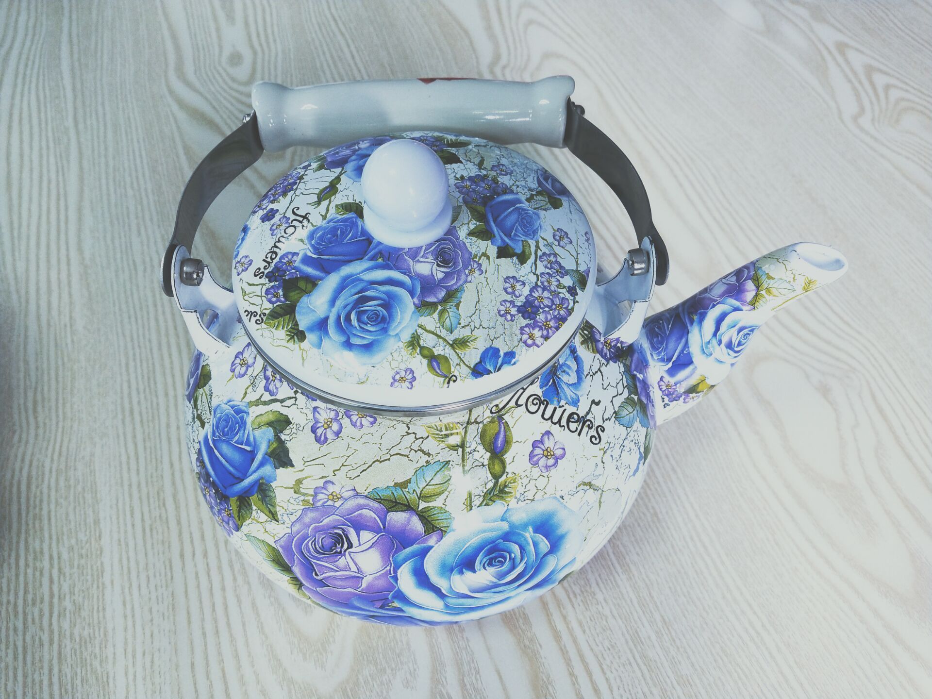 white coffee healthy enamel tea kettle with blue flower