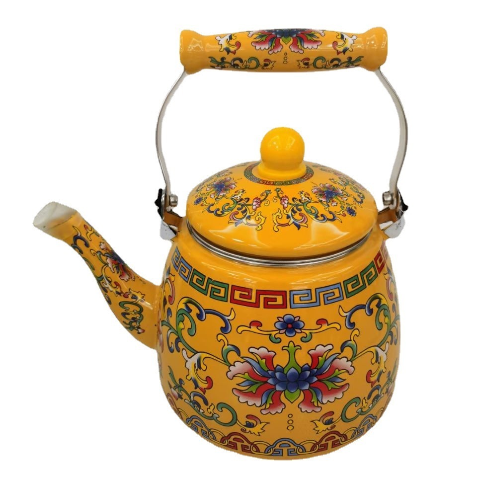 BOYANG New Arrival  Full Decal Teapot 3.3L Ceramic Handle Enamel Tea Kettle For Induction Cooker With Tea Strainer