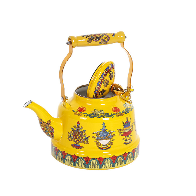 Customized Good Quality Vintage Chinese Enamel Teapot Enamel Teapot Bell Shaped Kettle Yellow Enamel Kettle