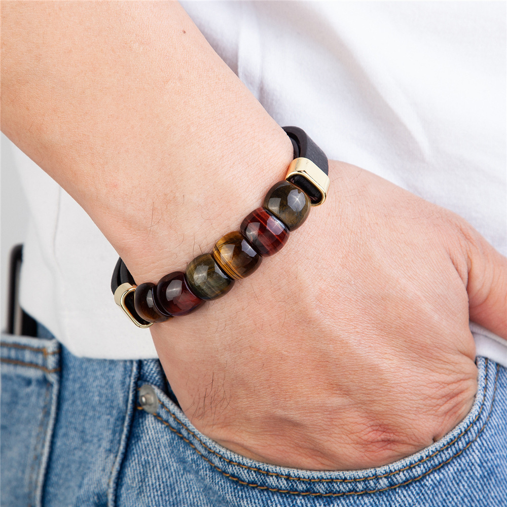 2022 New Fashion Natural Stone Tiger's Eye Stainless Steel Leather Cord Men's Bracelet Jewelry