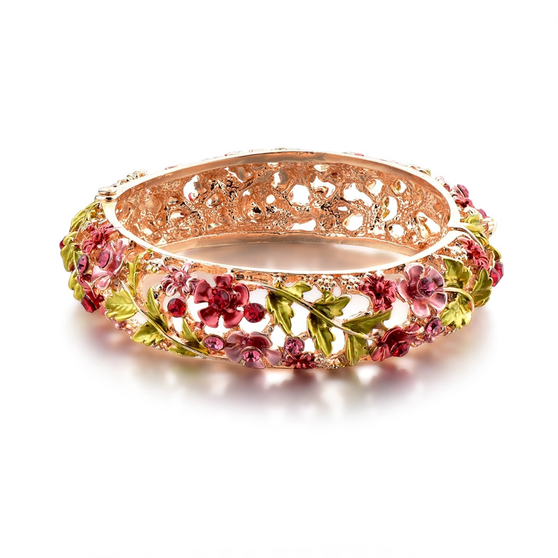 Chinese Custom Cloisonne Flower Hollow Handmade Bracelet Women Austrian Crystal Bracelet Bangle