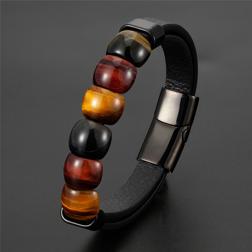 2022 New Fashion Natural Stone Tiger's Eye Stainless Steel Leather Cord Men's Bracelet Jewelry