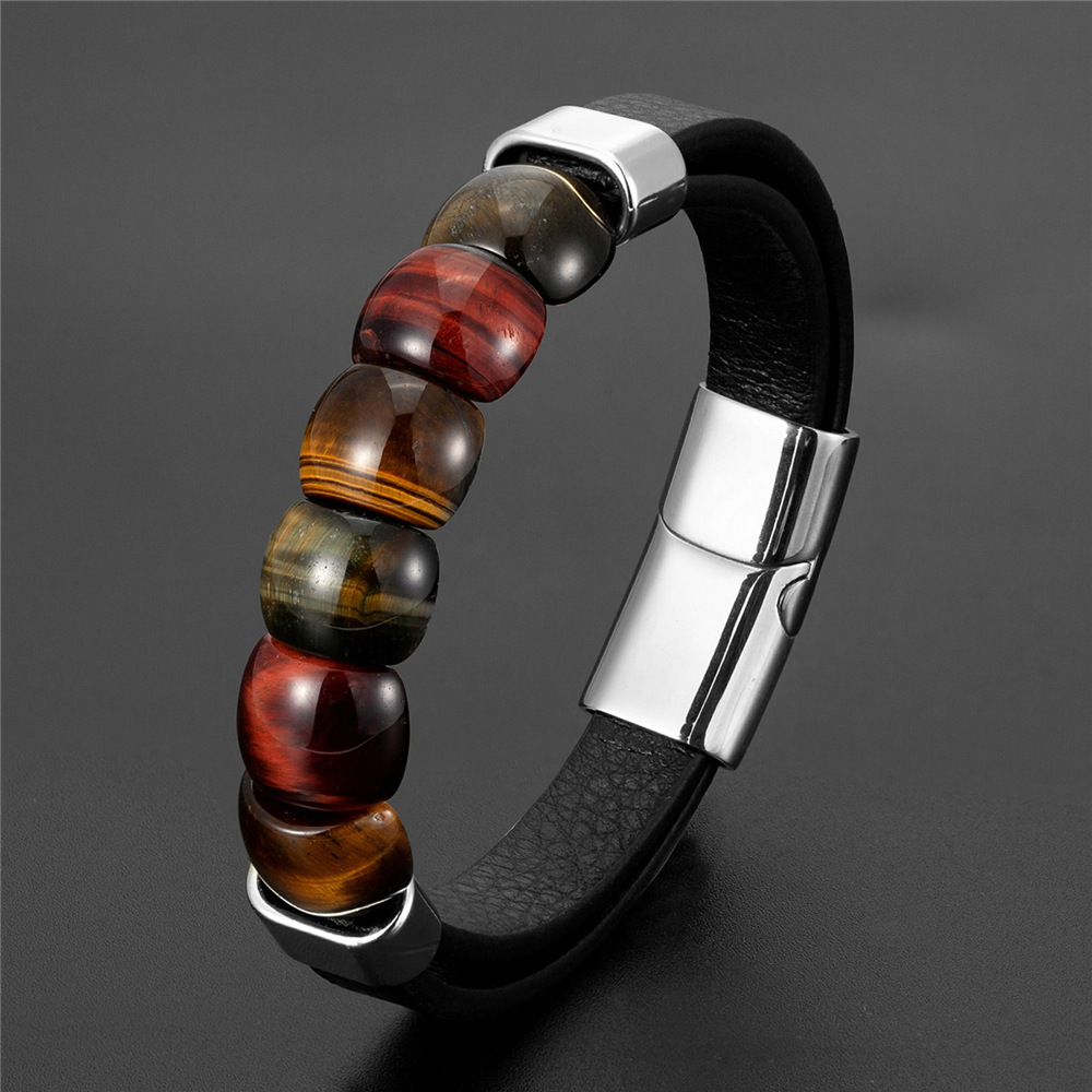 2022 New Fashion Natural Stone Tiger's Eye Stainless Steel Leather Cord Men's Bracelet Jewelry