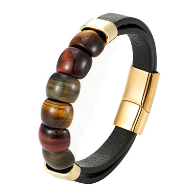 2022 New Fashion Natural Stone Tiger's Eye Stainless Steel Leather Cord Men's Bracelet Jewelry