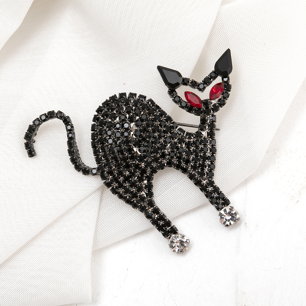 High Quality Fashion Silver Plated Jewelry Wholesale Luxury Animal Cat Women Halloween Brooch Safety Pin With Black Rhinestone