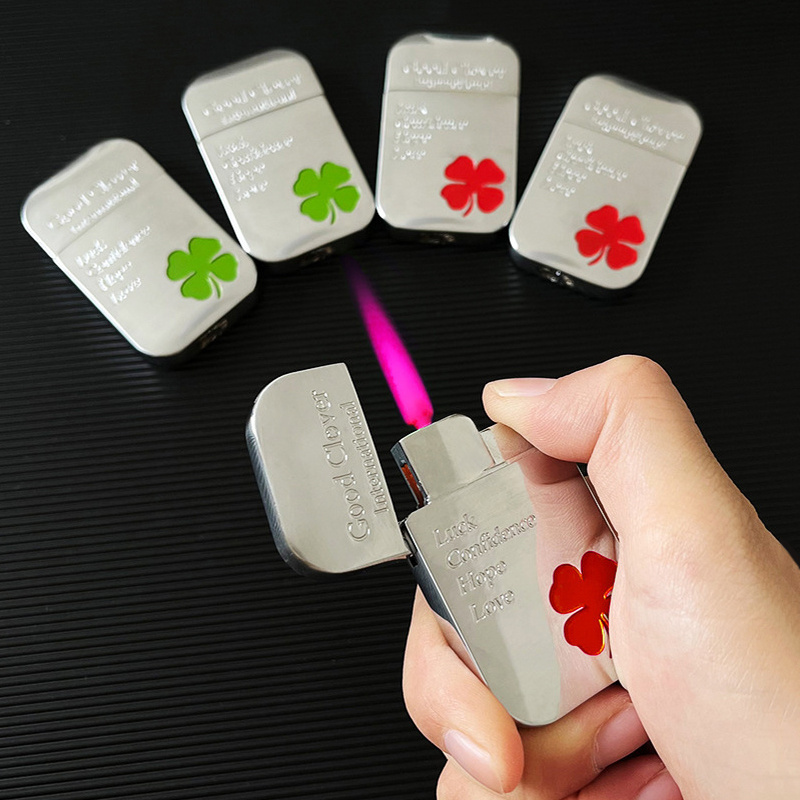 Custom zinc alloy four-leaf clover printing gas lighter red and green flame inflatable windproof cigarette lighter