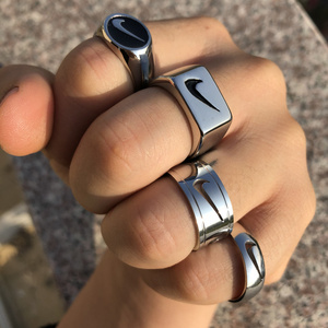 Stainless steel Swoosh Curved hook logo ring  hip hop street style accessories sports men's tick ring