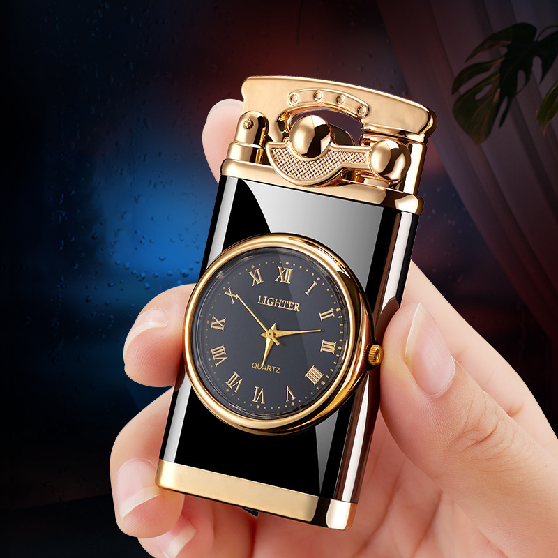 Creative Electronic Watch Clock Press Inflatable Lighter Custom Logo Windproof Cigarette Lighter